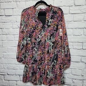 Vince Camuto XS Small Black Floral Tiered Ruffle Mini Dress‎ Long Sleeve NWT